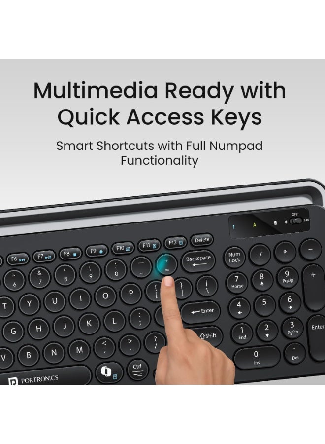 بورترونيكس Portronics Bubble 3.0 Wireless Keyboard with Bluetooth + 2.4 GHz USB Receiver, Rechargeable Battery, Dual Height Adjustment, Multimedia Hotkeys with Numpad, for Laptop, PC, Smartphone, Tablet(Black) - Image 4